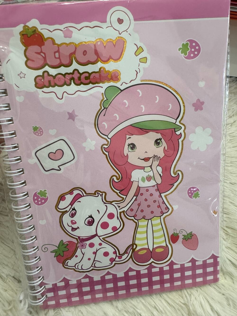 Strawberry Shortcake A5 spiral notebook pink background dog strawberries hearts